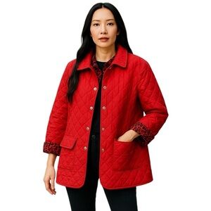 Chico’s Red Quilted Snap Front Leopard Print Lining  Classic Women’s Jacket XL